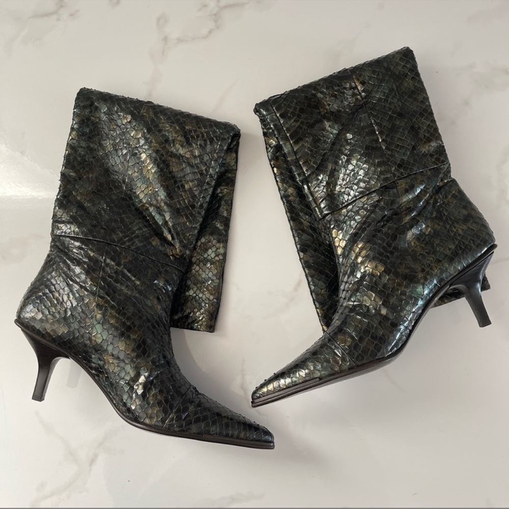Vintage 90s Gucci Tom Ford Python Snakeskin Green Slip On Long Knee High Boot - Picture 11 of 14